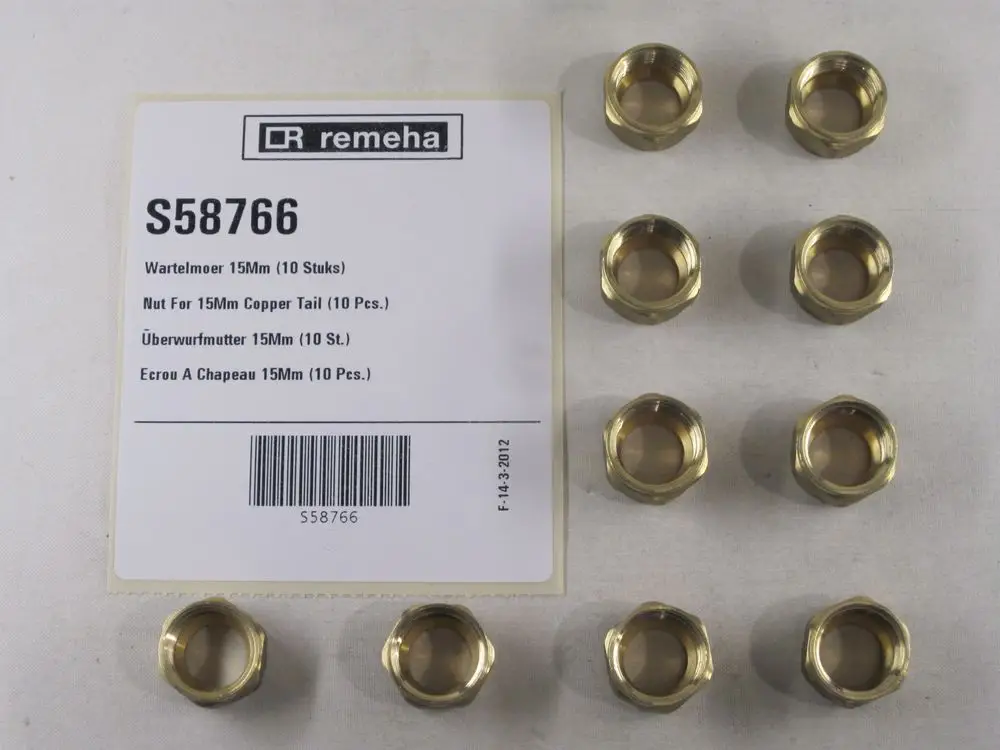 Brass nuts von Remeha, auf einem Hintergrund angeordnet, mit einer Produktkarte, die Informationen über Menge und Typ angibt.